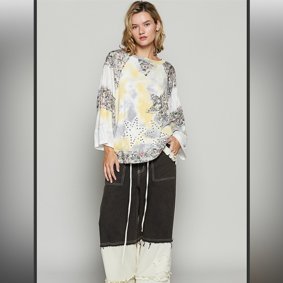 POL. ❤️ Floral Tie Dye Patchwork Star Top - Picture 2 of 5